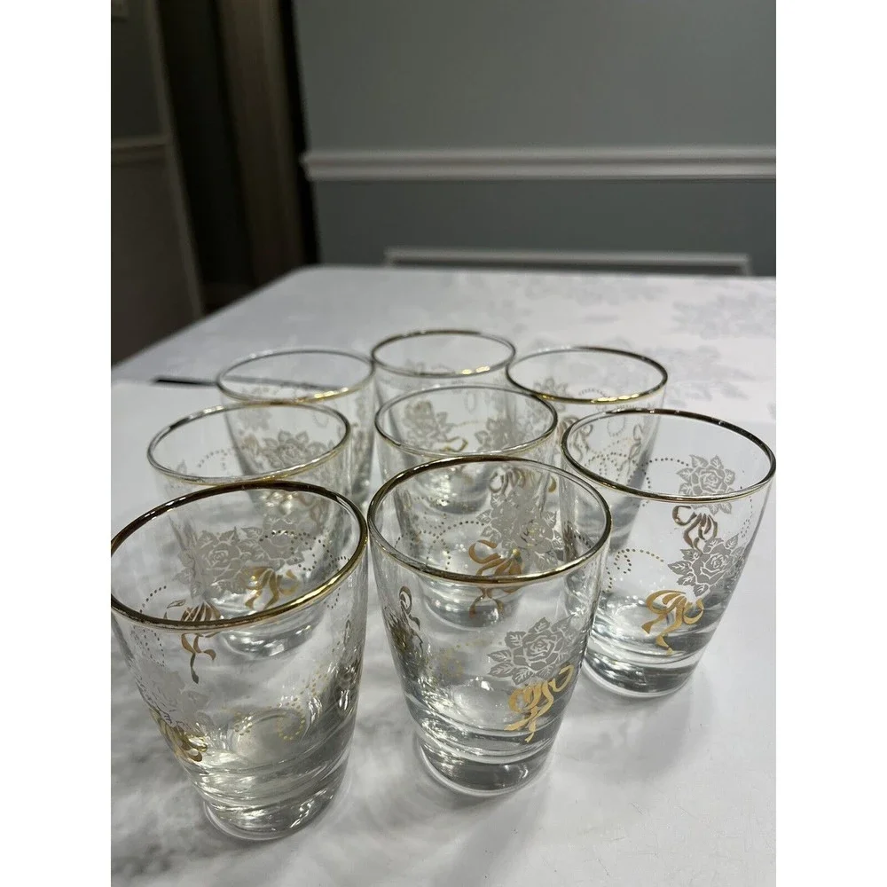 8 Vintage LIBBEY WHITE gold floral Juice GLASSES, 5 oz, flared